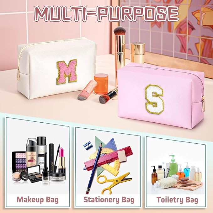 TOPEAST Preppy Small Makeup Bag, Chenille Letter Pouch Cosmetic Bag With Zipper, PU Leather Waterproof Toiletry Bag, Personalized Birthday Gift for Women, Cute Stuff for Girls (Pink D)