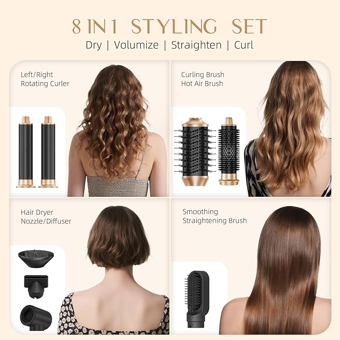 RUCHA 8 in 1 Hair Nora Styler & Hair Dryer Brush Blow Dryer, 110000 RPM High-Speed Hot Brush Styler and Auto Wrap Curlers, Negative Ions for Straightening Curling Volumizing Drying, Black