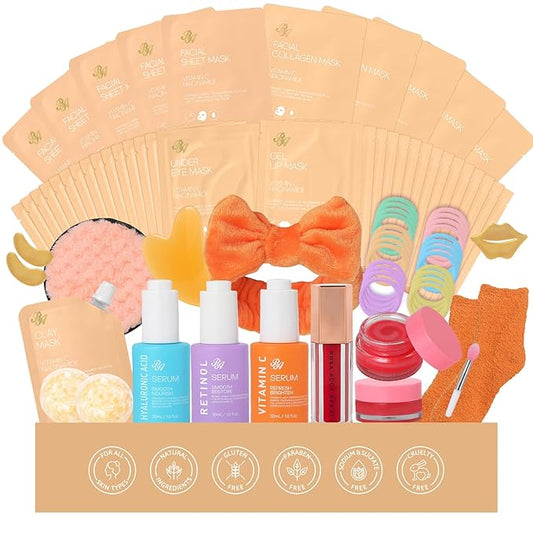 Orange Collagen Gel Overnight Mask Skin Care for Women, 55 Pcs Self-Care Spa Bath & Body Care Basket Gift Set, Face Sheet Mask, Under Eye Patches, Face Serum, Bath Bomb, Christmas, Mother Day, Dad