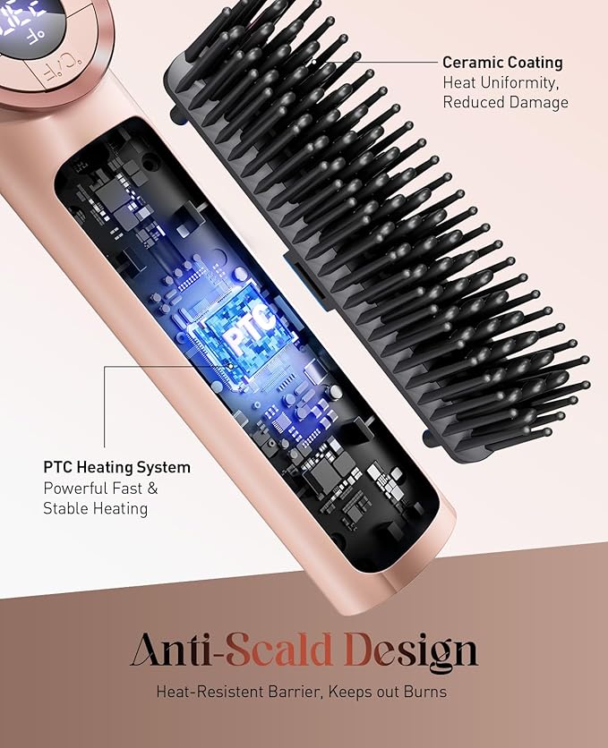Hair Straightener Brush for Women: Negative Ionic Curling & Straightening Brush with Fast Heating, Reduce Damage & Anti-Scald, Gold
