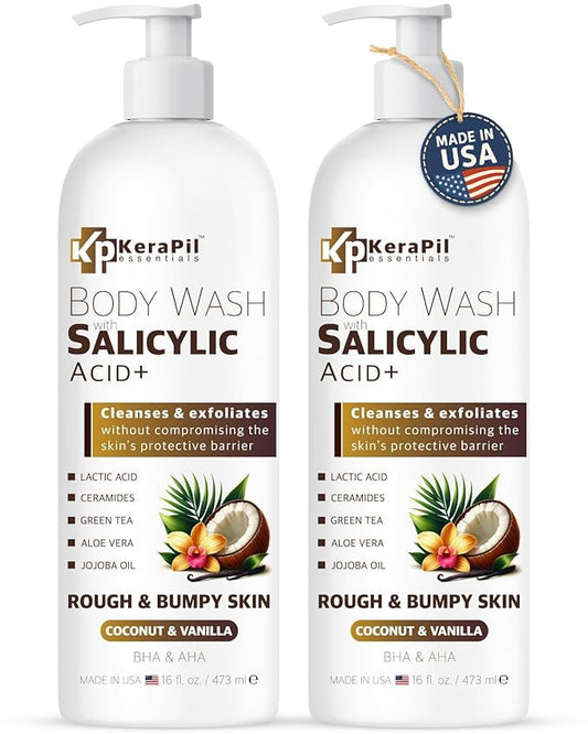 Exfoliating Body Wash with Salicylic Acid - No Dry Out, Gentle Exfoliates Rough and Bumpy Skin, Body Acne Wash, BHA & AHA - Coconut and Vanilla Salicylic Acid Body Wash - (16 fl oz x 2)