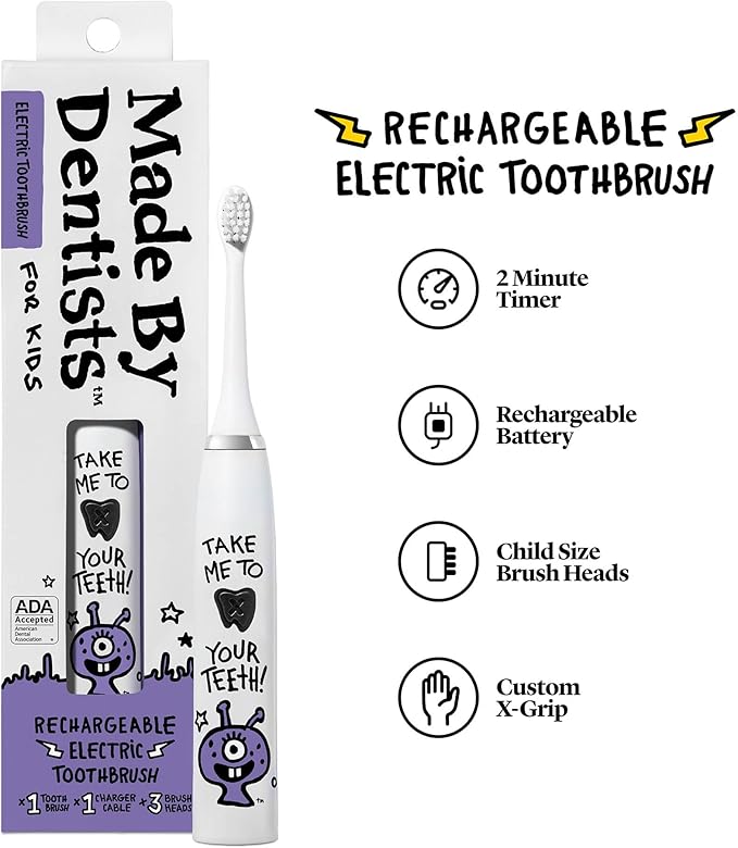 Made by Dentists Kids Electric Toothbrush - Rechargeable Vibrating Toothbrush with Timer, Includes 6 Replacement Heads, Gently Cleans Teeth, Girls and Boys, Kid & Toddlers Age 2+, Alien