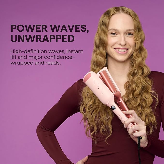 Wavytalk Power Wave Hair Crimper, Curling Iron Waver for Women, Beach Waves Curling Wand, Ventilation Design for Less Damage, Ionic Reduces Frizz, Lightweight Curler, Dual Voltage Crimping Iron, Pink