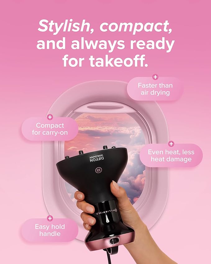 Bellissima Diffon Worldwide Diffuser Hair Dryer for Curly Hair - Dual Voltage 2-in-1 Blow Dryer with Diffuser - Reduces Frizz, Defines Curls, Volumizes - Lightweight, Easy Hold Handle