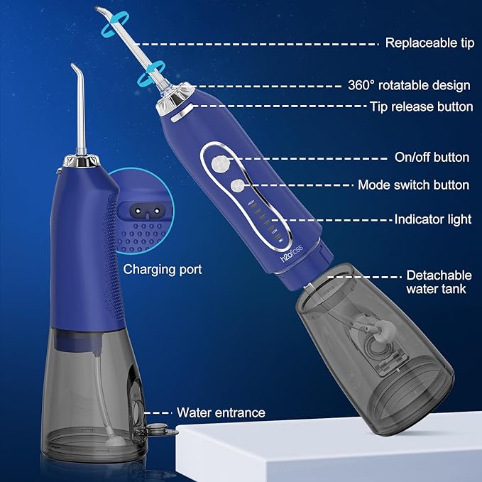 H2ofloss Water Dental Flosser Pick for Teeth: 5 Modes Cordless Portable 300ML Larger Tank Water Teeth Cleaner IPX7 Waterproof Flossing Cleaning Picks for Home Travel Dark Blue
