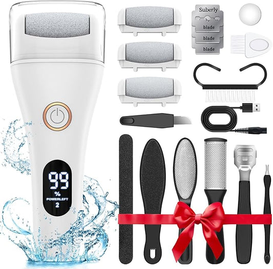 Electric Foot File - Callus Remover for Feet, Adjustable 3 Speed Foot Callus Remover with 16 in 1 Pedicure Tools Professional Foot Care, to Remove Dead Skin and Calluses Hard Skin Dry Cracks (White)