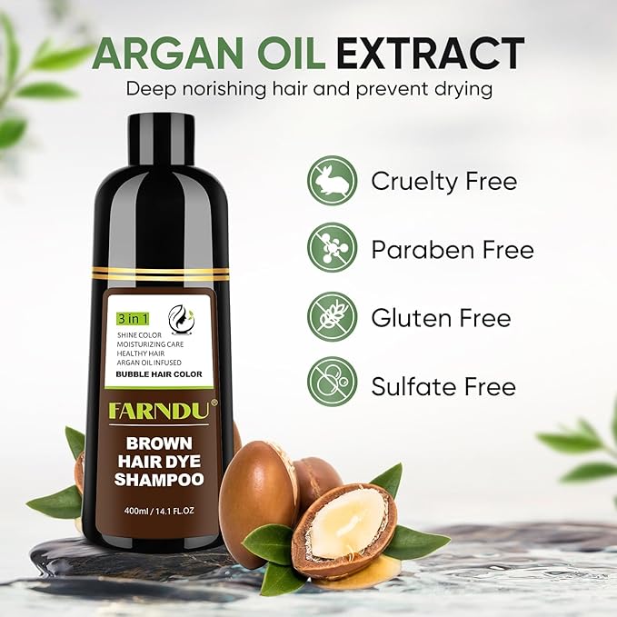 FARNDU Chestnut Brown Hair Dye Shampoo for Gray Hair Coverage - 3 In 1 Natural Hair Color Shampoo for Women & Men, Champu Para Canas Mujer