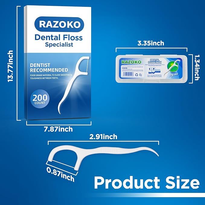 RAZOKO Dental Floss Picks High Toughness Toothpicks Sticks 200pcs with 2 Portable Cases Perfect for Family,Hotel,Travel