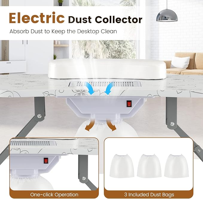 Giantex Nail Table for Nail Tech, Portable Manicure Table with Electric Dust Collector, USB-Plug LED Lamp, Wrist Rest, 4 Lockable Wheels, Foldable Nail Desk with Carry Bag (White)