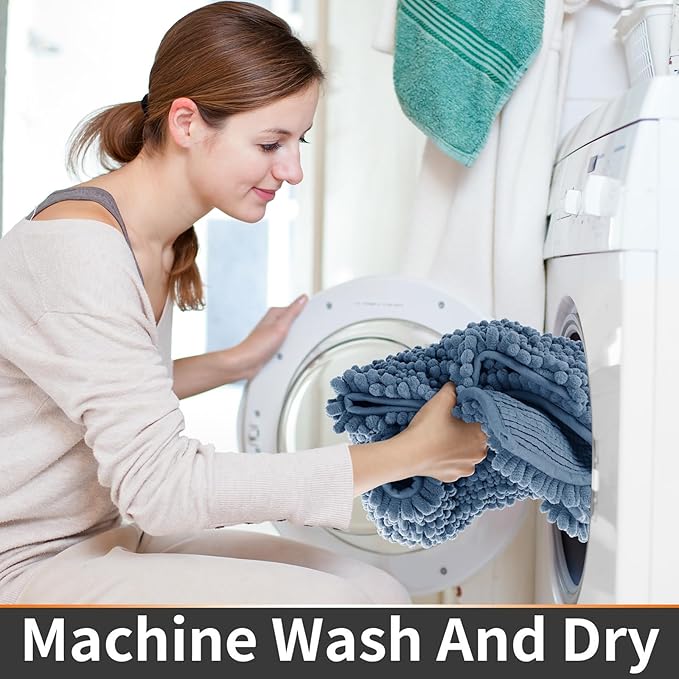 Yimobra Toilet Rug U Shaped Washable 24x20 Inch - Ultra Soft Absorbent Chenille Bath Rugs for Toilet, Quick Dry & Machine Washable, Non Slip Contour Bathroom Mat, Denim Blue