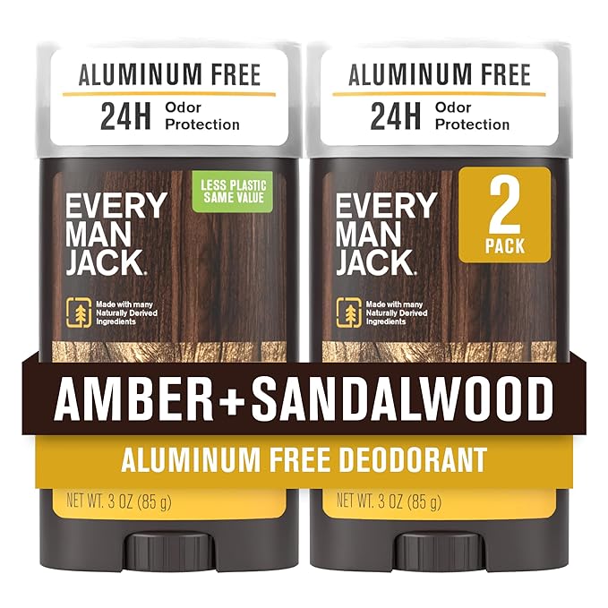 Every Man Jack Amber + Sandalwood Men’s Deodorant - Stay Fresh with Aluminum Free Deodorant For all Skin Types - Odor Crushing, Long Lasting, with Naturally Derived Ingredients - 3oz (2 Pack)