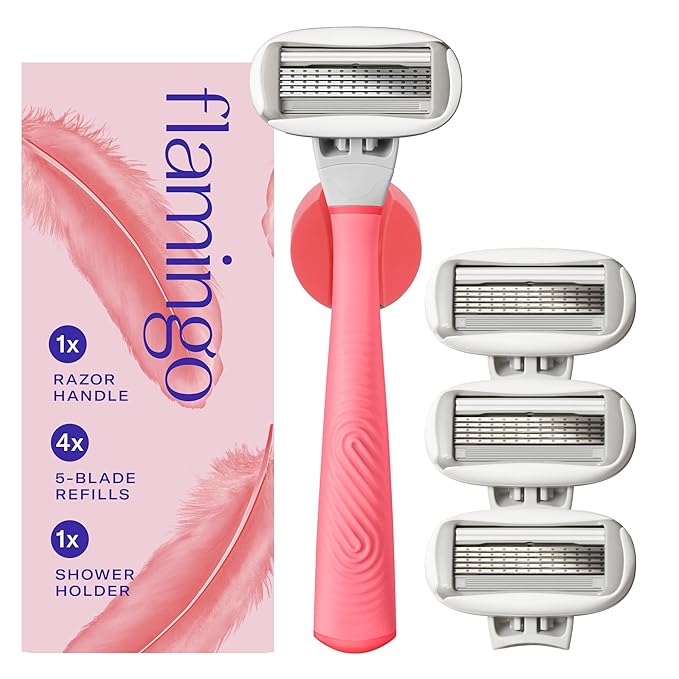 Flamingo Shaving Razor Set for Women - Original Razor Handle, 4 Blade Refills, and Shower Holder - Pink