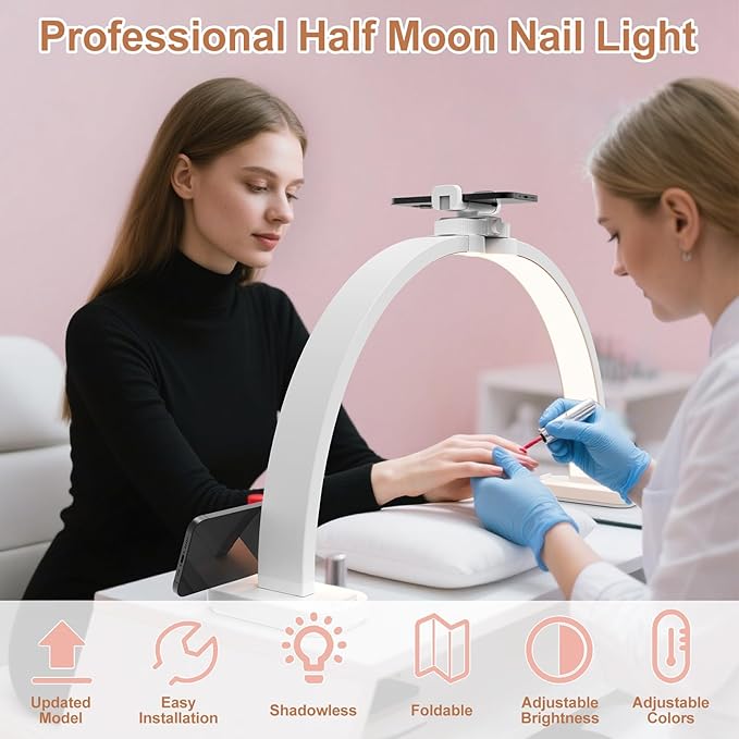 TONYFUL Large Half Moon Light for Nail Desk, 31" 45W Arch Light with Phone Holder, Foldable Manicure Lamp, Stepless Dimming & 3 Color Temperature, Led Desk lamp for Nail, Tattoos, Eyebrows, Beauty
