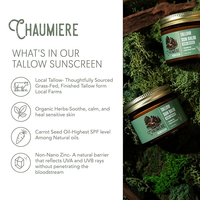 Tallow Sunscreen SPF 50 – Herb-Infused Balm with Non-Nano Zinc, Carrot Seed Oil & Grass-Fed Tallow – Natural Face & Body Moisturizer, Eye-Safe, Reef Safe, Organic Ingredients, Made in USA – 2.5oz