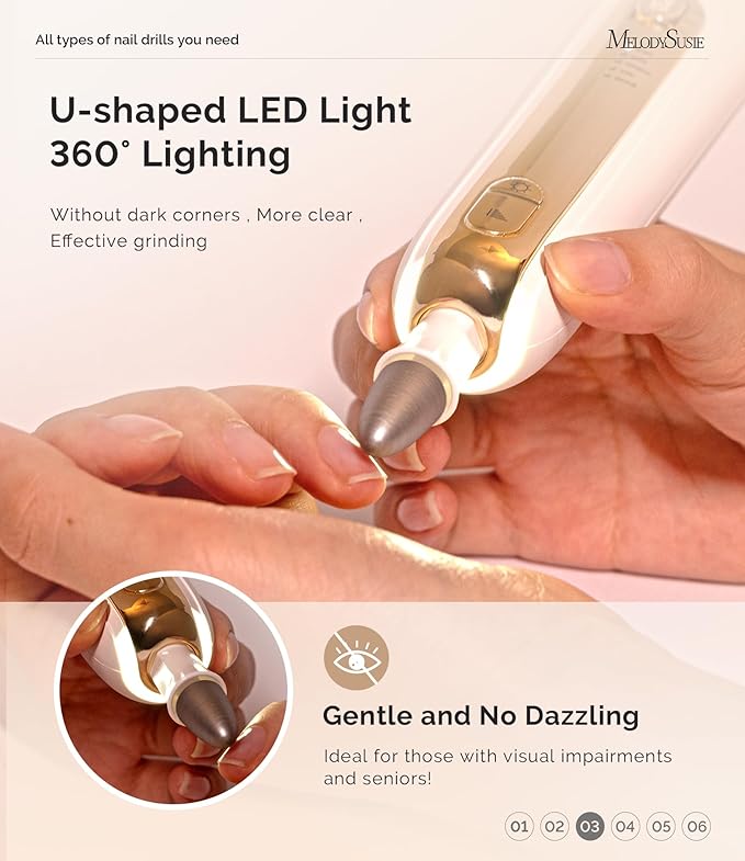 MelodySusie Cordless Pedicure & Manicure Nail Drill Kit, PC760G for Salon-Quality Foot Care for Home & Travel, Rechargeable with 5 Speeds, 8-in-1 Bits, 360° LED Light & Anti-Dust Shield, White