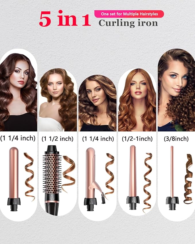 5 in 1 Curling Iron, Hair Curling Wand Set Thermal Brush 4 Interchangeable Ceramic Curling Wands (0.5'-1.8') Fast Heat Up Dual Voltage Christmas Birthday Hair Tool Gifts for Women Travel
