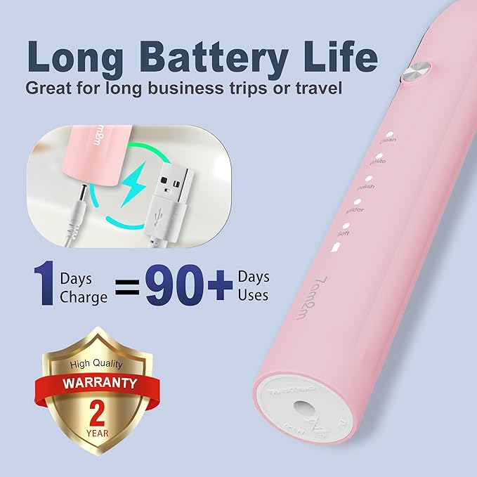 7AM2M Sonic Electric Toothbrush for Adults and Kids, with 8 Brush Heads and Travel Case,5 Modes with 2 Minutes Built in Smart Timer, One Charge Use for 90 Days, Rechargeable Toothbrushes(Pink)