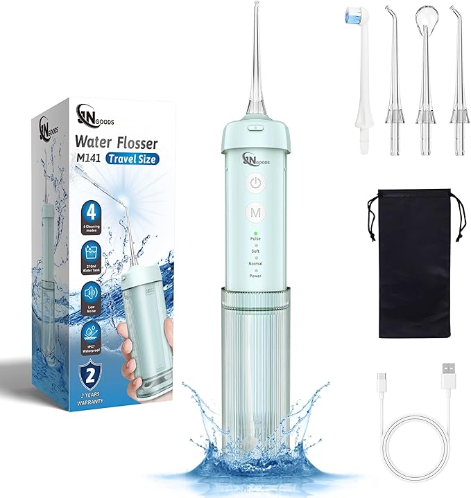 Mini Portable Water Flosser Oral Irrigator Water Teeth Cleaner Pick, Telescopic Water Tank, 4 Modes & IPX7 Waterproof, Home & Travel Water Flossers for Teeth, Braces Bridges Care. (Pearl Blue)