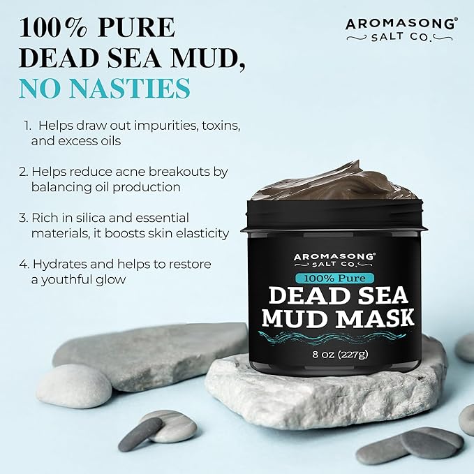 Aromasong 100% Pure Dead Sea Mud Mask for Face and Body - Spa Quality Pore Minimizer for Face & Oily Skin, Cleansing Natural Skin Care for Women and Men - 8 oz