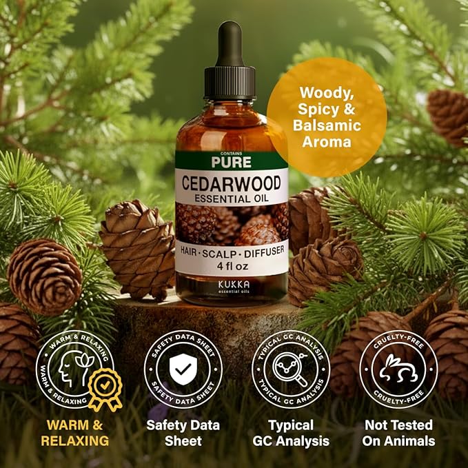 KUKKA Cedarwood Essential Oils - 4 Fl Oz - for Hair, Skin, Diffuser, Aromatherapy & DIY Soap Making Scent