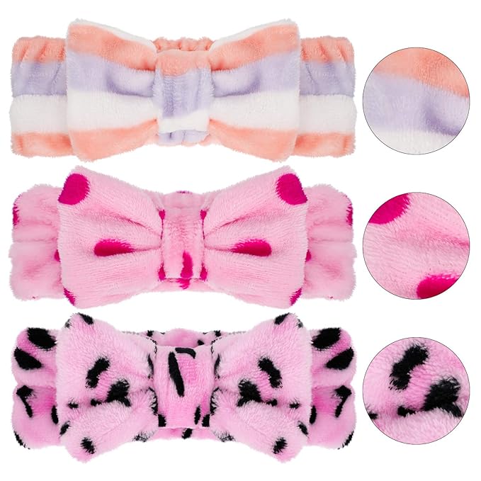 3 Pcs Towel Headbands for Women Headband for Washing Face Facial Hair Band Skincare Microfiber Bowtie Headband Makeup Terry Cloth Headbands Spa Shower Hair Band for Women Girls (Chic Patterns)