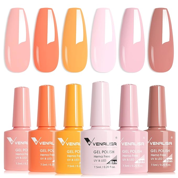 VENALISA Orange Gel Nail Polish Set, 6 Colors Coral Pink Orange Yellow Gel Polish UV Gel Soak Off For Nail Salon DIY Home Manicure