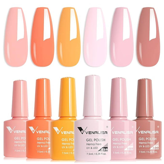 VENALISA Orange Gel Nail Polish Set, 6 Colors Coral Pink Orange Yellow Gel Polish UV Gel Soak Off For Nail Salon DIY Home Manicure
