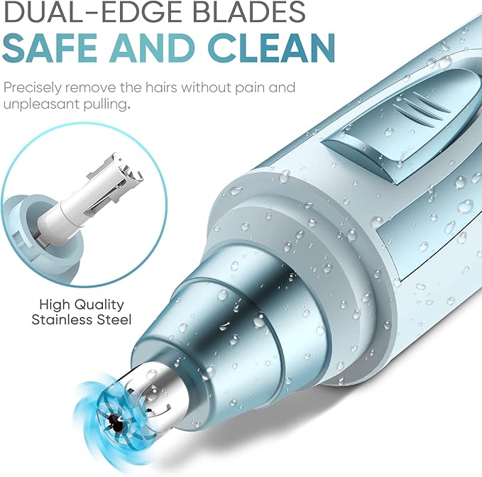 Ear and Nose Hair Trimmer Clipper - 2025 Professional Painless Eyebrow & Facial Hair Trimmer for Men Women, Battery-Operated Trimmer with IPX7 Waterproof, Dual Edge Blades for Easy Cleansing Blue