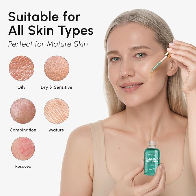 MAREE 10% Azelaic Acid Face Serum - Redness Soothing Hydrating Serum with Niacinamide, Centella Asiatica & Hyaluronic Acid - Relief Serums for Face & Body - Azalecic Acid Skin Facial - Acido Azelaico