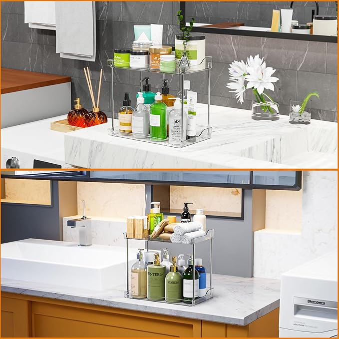 Yieach Clear Acrylic Bathroom Counter Organizers and Storage Tray, 2 Tier Makeup,Perfume,Skincare Organizer Shelf & Vanity Storage for Bedroom and Counter Top Spice Racks for Kitchen Corner,Rectangle