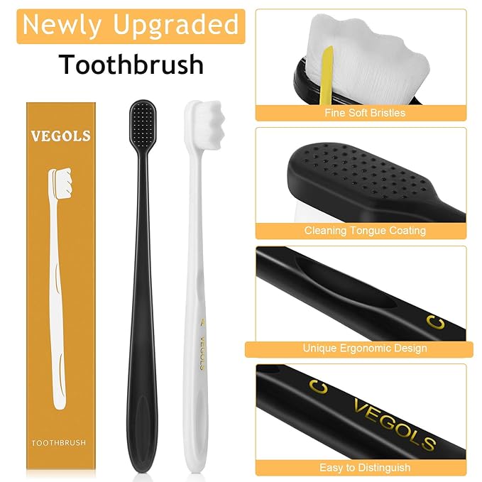 Adult Extra Soft Toothbrush with 20000 Soft Bristles, (Pack of 6) Micro Nano Manual Toothbrushes for Protect Sensitive Gums, Black/White