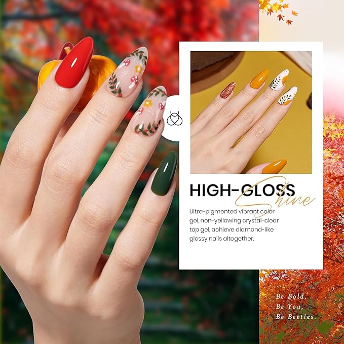 Beetles Fall Gel Nail Polish Set - Fall Yard Gel Polish Kit, 20 Color Orange Burgundy Red Navy Blue Glitter, Soak Off LED UV with Base Top Coat Nail Art Manicure Gift for Women