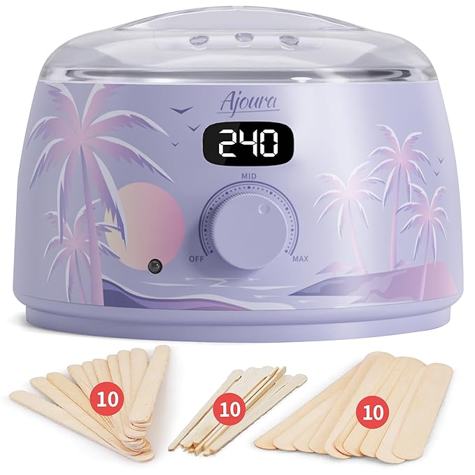 Ajoura Hard Wax Warmer for Brazilian & Bikini, Digital Hair Removal Kit with See-Through Lid, 10-Min Heat, 30 Wax Sticks, Beginner Friendly for Full Body & Face (Purple)