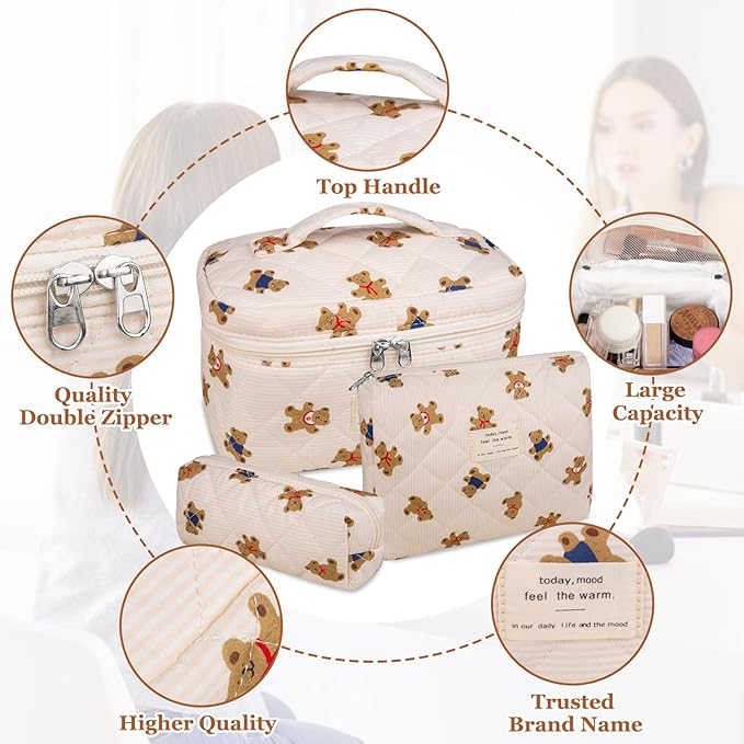 3PC Makeup Bag Set, Quilted Makeup Bag, Large Floral Cosmetic Bag for Women, Cute Cotton Makeup Bags, Flower Travel Toiletry Organizer Bag (Bear)