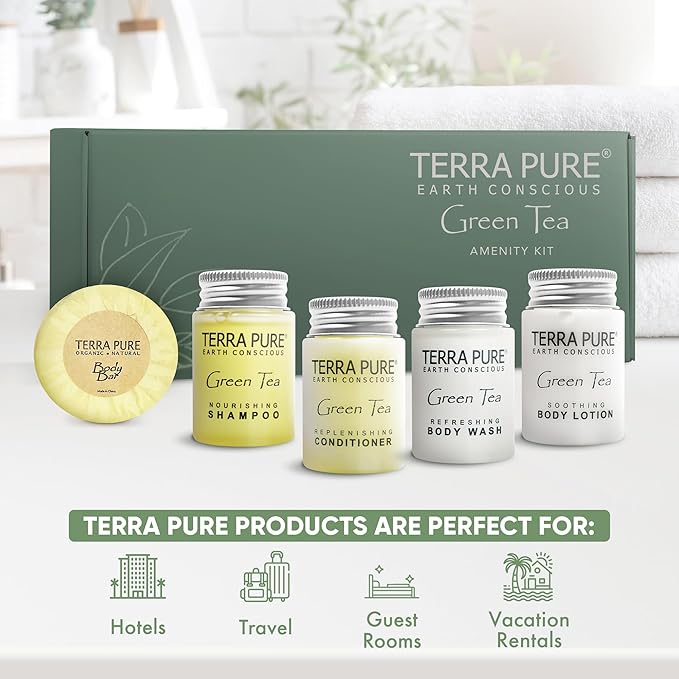 Terra Pure Green Tea Amenity Kit | Boxed Hotel Bulk Toiletries | 1 oz Shampoo, Conditioner, Lotion, Body Wash, Body Bar Soap for Guest Hospitality Vacation Rentals | 60 Sets/Case