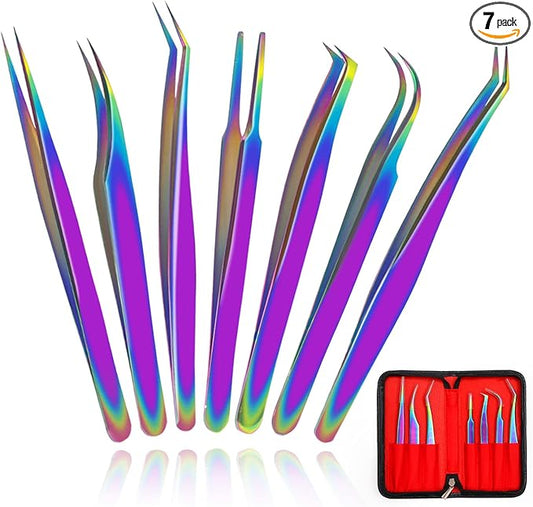 Eyelash Extension Tweezers Set, Fangze 7 Pcs Lash Kit Rainbow Stainless Steel Straight and Curved Tweezer for Nail Art Ingrown Hair Craft
