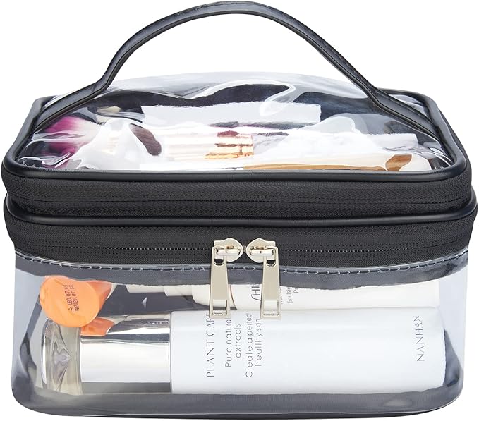 Double Layer Clear Cosmetic Bag Makeup Bag, Waterproof Travel Toiletry Bag, Transparent PVC Hair & Nail Accessories Pouch Beach Bag Organizer (Black)