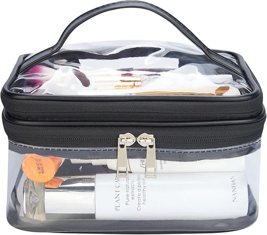 Double Layer Clear Cosmetic Bag Makeup Bag, Waterproof Travel Toiletry Bag, Transparent PVC Hair & Nail Accessories Pouch Beach Bag Organizer (Black)