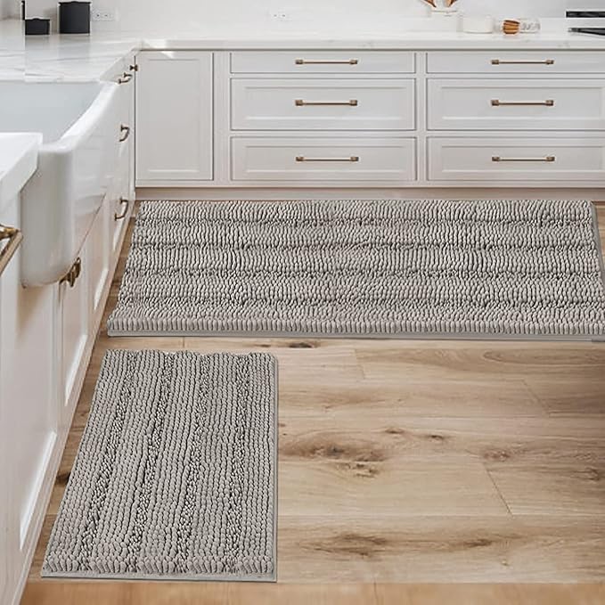 Non Slip Thick Shaggy Chenille Bathroom Rug Mat Set Extra Soft and Absorbent Striped Floor Rugs, 2 Piece, Machine-Washable