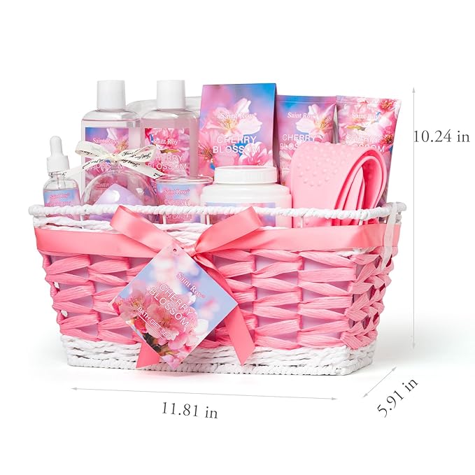 Bath & Body Gift Set, Luxury Home Spa Bath Gift Basket, Cherry Blossom spa kit for women,bath basket Christmas Gifts for Women & Teens, 12 Pcs Bath Spa Kit for women Body Kit Birthday Gift Christmas
