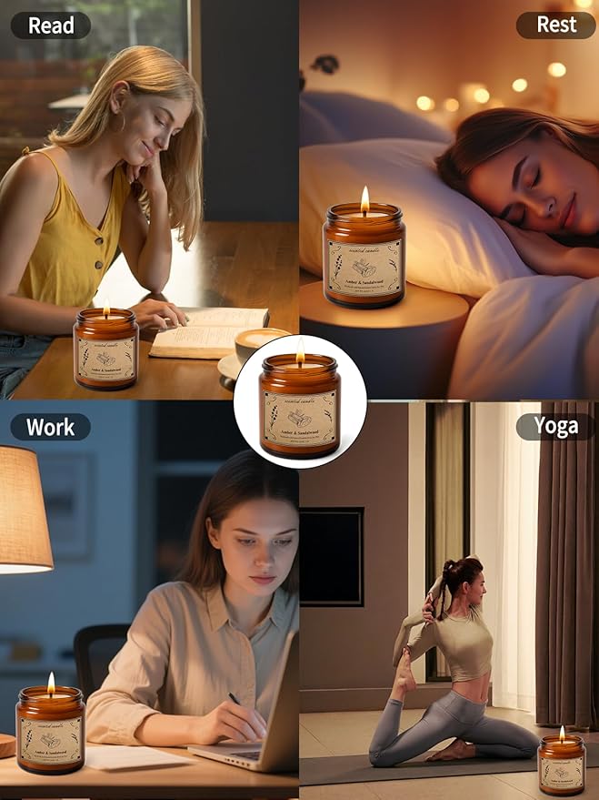 Scented Candles, 16oz Large Jar Soy Wax Candle – Amber & Sandalwood with Premium Plant Wax Blend for Consistent Burn, Aromatherapy Candle for Home Scented, Relaxation and Gift for Women/Men