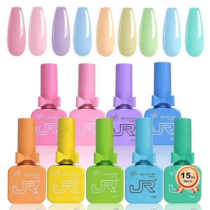 JR 9pcs 15ml Gel Nail Polish Set Macaron Color Light Red Pink Nude Gel Polish Kit UV LED Soak Off Polish Home DIY Gel Polish Set