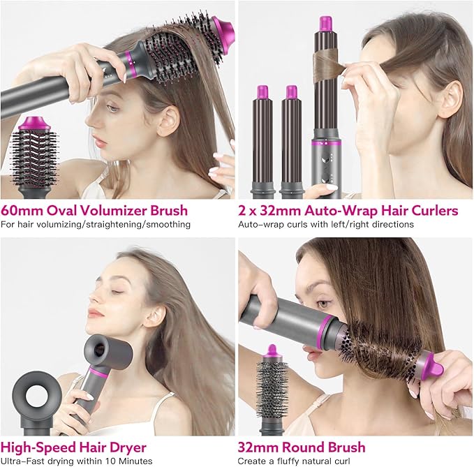 Hair Dryer Brush, webeauty 5 in 1 One Step Professional Hot Air Brush Set for Fast Drying, Curling Drying, Straightening Combing, Hair Styler [Ceramic Coating] [Negative Ion] 110000 RPM (Red)