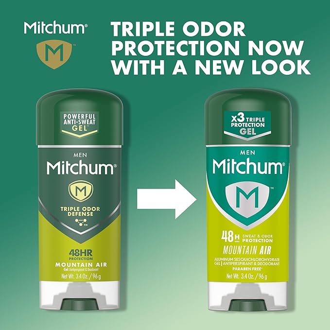 Mitchum Men’s Antiperspirant Deodorant Gel Stick, Mountain Air Scent, 48HR Sweat & Odor Protection, Triple Odor Defense, Alcohol-Free, Dermatologist Tested, 3.4 oz