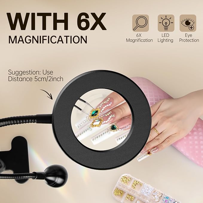 AORAEM LED UV Nail Lamp: Double-Headed Gooseneck U V Lamp for Gel Nails, LED Flash Cure Light with 6X Magnifier Home DIY Salon, Black