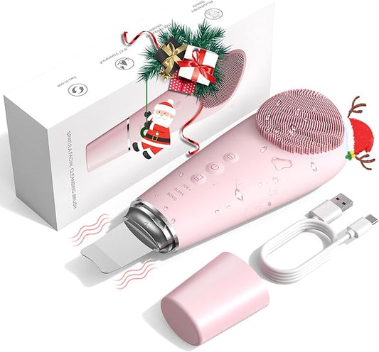 Facial Cleansing Brush & Massager, 2 in 1 Facial Skin Scrubber Waterproof and Rechargeable Face Scrub for Deep Cleansing Vibrating Exfoliator Scrubber Skin Care with 7 Modes, Gentle Exfoliating - Pink