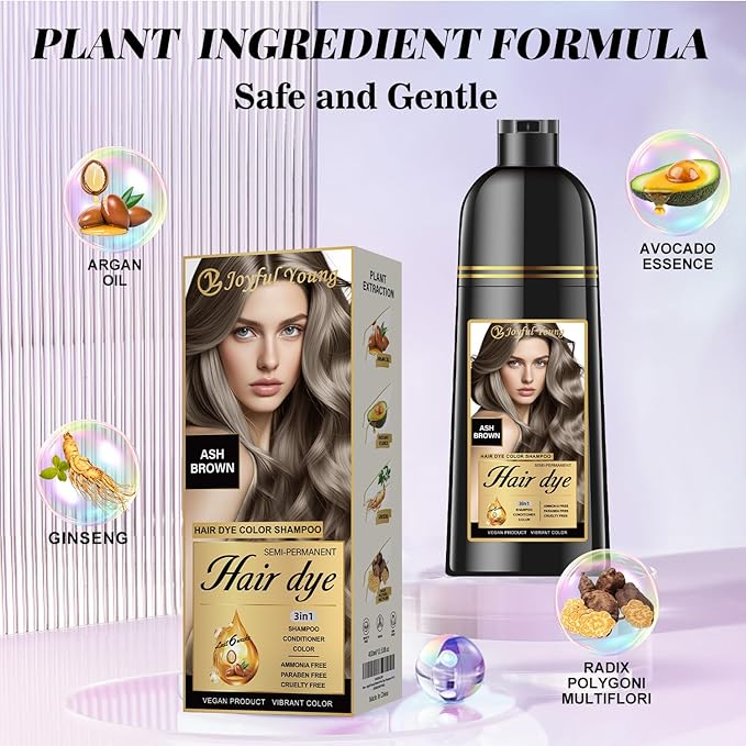 Natural Hair Dye Shampoo 3 IN 1, Gray Hair Coverage, Vegan, Ammonia-Free & Paraben-Free Hair Coloring Shampoo for Women & Men, Beard Dye for Men, Nourishing Gentle Easy to Use (ASH BROWN)