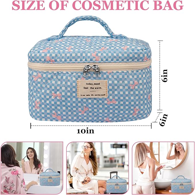 Large Makeup Bag, Cute Cosmetic Bag for Women Girls, Floral Coquette Aesthetic Toiletry Bag, Travel Make Up Organizer Bag (Blue Butterfly)