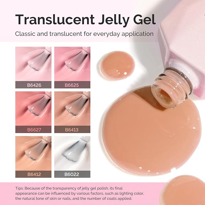 MelodySusie Jelly Gel Nail Polish Set,6 Transparent Colors,Milky or Jelly Texture,Classic Basic Colors Soak Off UV LED Light Cure or Salon Manicure and Nail Art DIY at Home