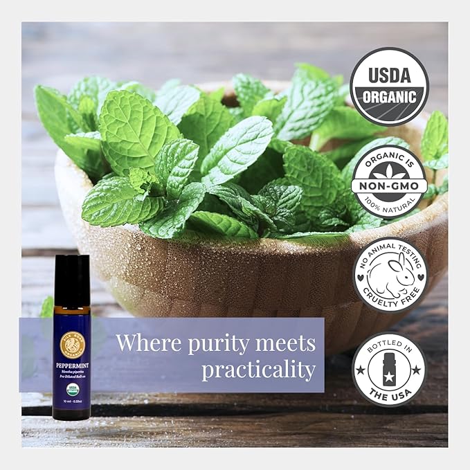 Silk Road Organic Peppermint Essential Oil Roll On, USDA Certified, for Morning Sickness, Motion Sickness & Nausea - 10 ml Aromatherapy Roller